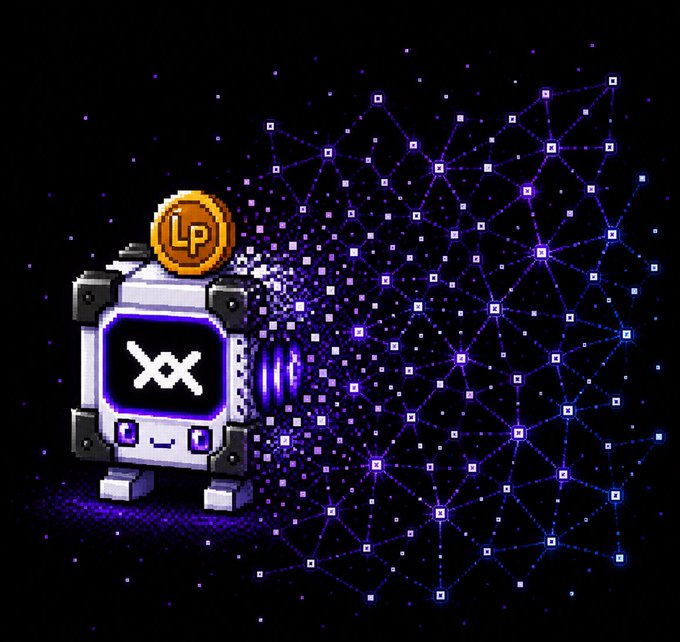 The image is a digital illustration featuring a robot character with three eyes, arms, legs, and a head that looks like an X. The robot's body is mostly blue, and its face and back are black. It stands out against a dark background filled with small purple dots arranged in the shape of stars or constellations, which appears to be the setting for the image. There is also an image of a coin next to the robot, possibly a key that could be used as part of the LOAN Protocol lending market. The post suggests that adding this key (LOAN) to the protocol would have benefits but requires casting a vote and receiving an NFT.