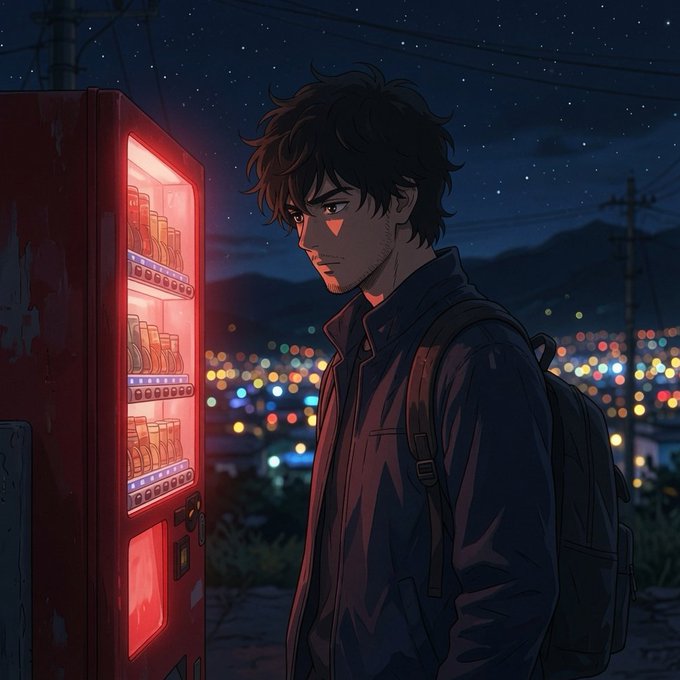 An anime-style illustration of a young man with dark hair wearing a jacket and backpack, standing next to a glowing red vending machine under a starry night sky with city lights in the background.