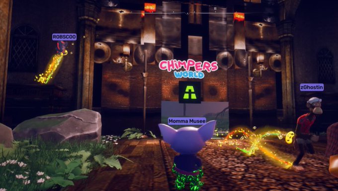 Another screenshot from "CHIMPERS WORLD" virtual environment showing avatars "ROBSCOO", "Momma Musee", and "zGhostin" with glowing particle effects in a stone hall.