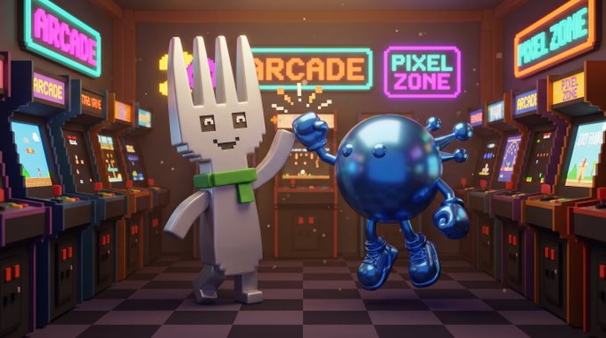 A 3D-rendered arcade scene with a pixelated fork character fist-bumping a blue virus-like character wearing sneakers, surrounded by "ARCADE" and "PIXEL ZONE" neon signs.