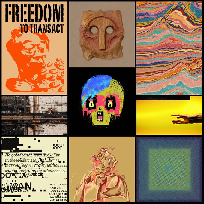 A collage of nine different artistic images including a 'FREEDOM TO TRANSACT' graphic, a wooden mask, colorful geological patterns, a skull painting, a hand against a yellow background, a shipyard, text art referencing St. Paul, an illustrated character, and a green geometric grid.
