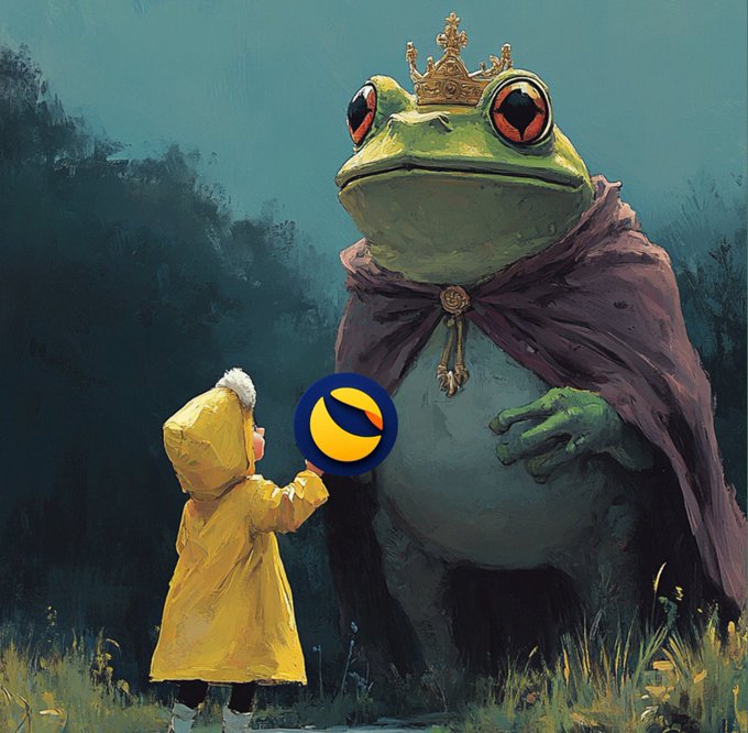 A digital painting depicts a small child in a yellow raincoat offering a yellow ball to a giant, regal frog wearing a golden crown and a purple cloak.
