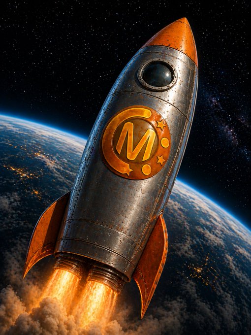 A digital illustration of a retro-styled metallic rocket with orange accents launching from Earth's atmosphere into starry space, featuring a large emblem with the letter 'M' on its side.