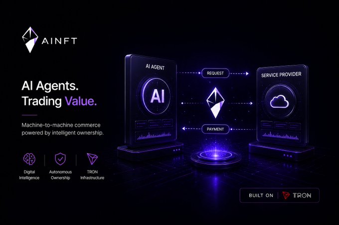 A promotional graphic for AINFT displays 'AI Agents. Trading Value. Machine-to-machine commerce powered by intelligent ownership.' with icons for 'Digital Intelligence', 'Autonomous Ownership', and 'TRON Infrastructure', indicating it is 'BUILT ON TRON'.