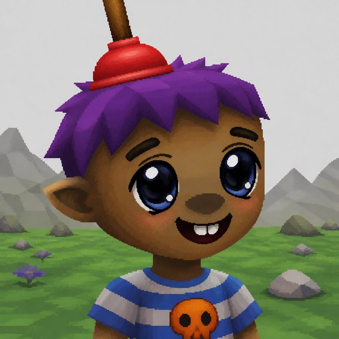 A 3D-rendered character with purple hair, large blue eyes, and a plunger stuck on their head, wearing a blue striped shirt with a skull emblem in a grassy landscape.