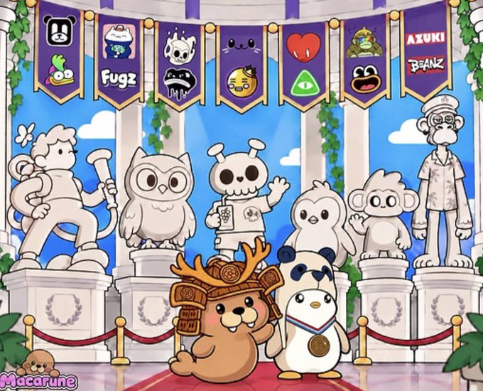 A colorful cartoon illustration labeled 'Macarune' showing various cute mascot characters including Fugg, Azuki, and Beak as statues in a grand hall, with a character wearing a samurai-style helmet and a penguin with a medal in the foreground.