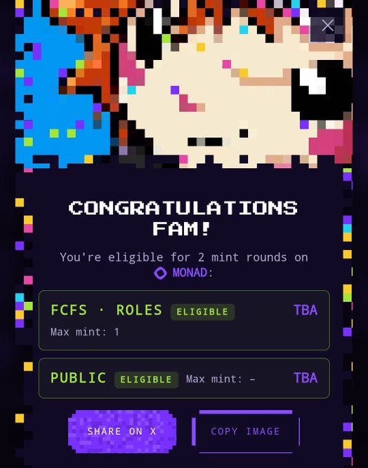 A pixel-art congratulatory notification reads "CONGRATULATIONS FAM! You're eligible for 2 mint rounds on MONAD," showing two eligible tiers—FCFS (Max mint: 1) and Public (Max mint: -)—both marked TBA, with Share on X and Copy Image buttons, confirming the user's whitelist eligibility for the @ChogNFT mint on the Monad network.