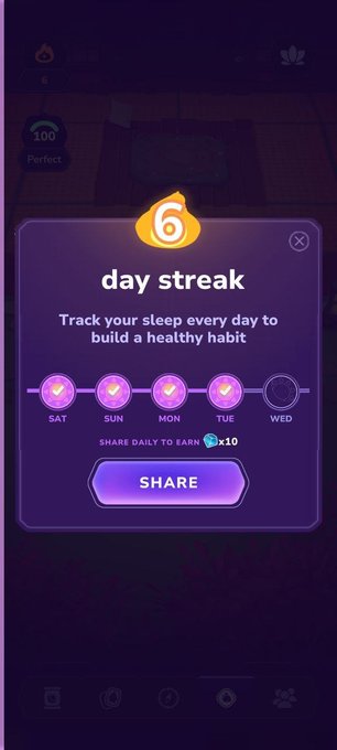 The image shows a phone screen with a purple background, displaying a sleep tracking app called "Day Streak" along with some text. The app tracks users' sleep patterns and suggests ways to improve their sleep habits. It also offers rewards for achieving certain goals related to sleep improvement. The app is designed by the @sleepagotchi team at CNPY Network, who are looking to launch a dedicated appchain focused on building an independent blockchain-based platform for sleep tracking and wellness management.