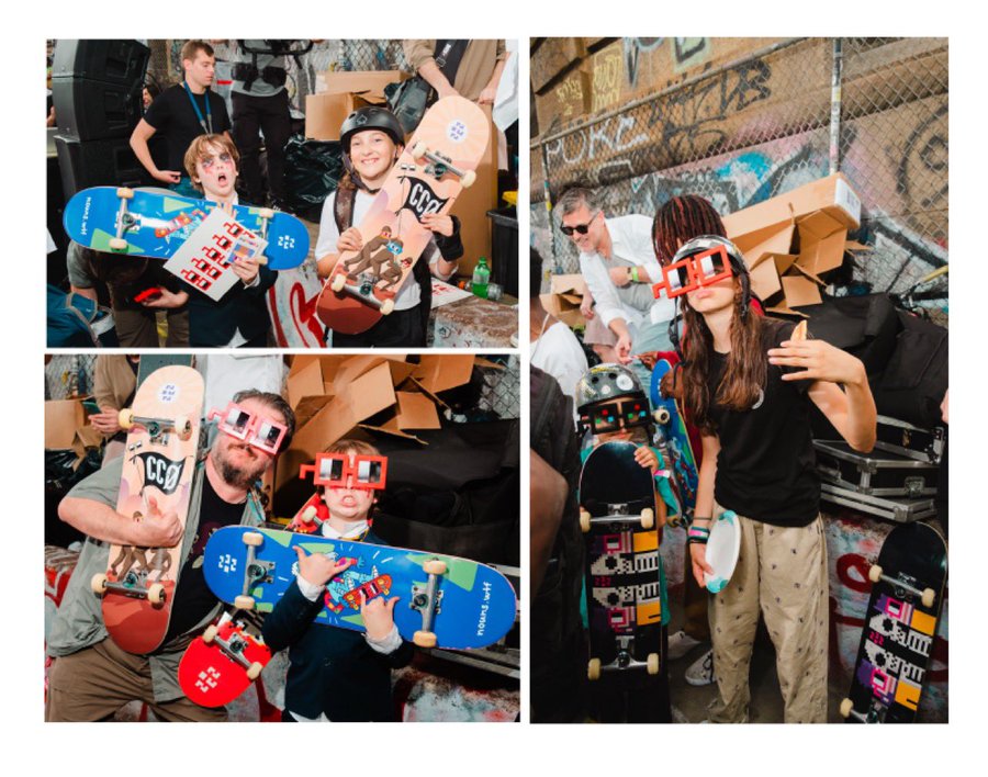 A photo collage of people, including children, posing with small fingerboards at what appears to be a skateboarding event, with several wearing red pixelated novelty glasses.