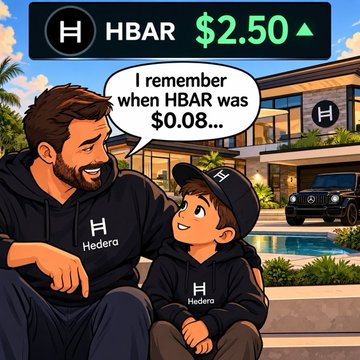 A cartoon illustration showing a man and child in Hedera-branded hoodies sitting outside a mansion, with text reading 'HBAR $2.50 ▲' and a speech bubble saying 'I remember when HBAR was $0.08...'.
