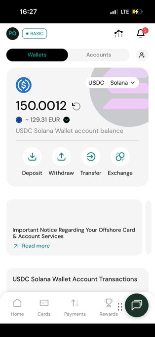 The image shows a Nummus wallet app screenshot displaying a USDC Solana Wallet account balance of 150.0012 USDC (approximately 129.31 EUR), featuring action buttons for Deposit, Withdraw, Transfer, and Exchange. This visually confirms the post about receiving a $150 payment in the wallet, showcasing the app's clean interface and account management features.