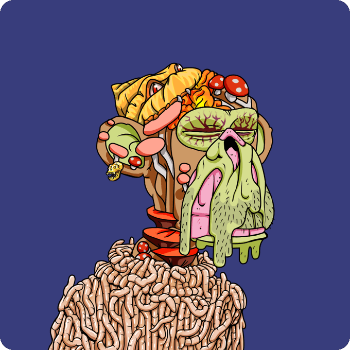 A cartoon-style illustration on a blue background depicts grotesque, melting food-like creatures with mushrooms, eyeballs, and googly eyes emerging from what appears to be a tangled mass of intestines or noodles.