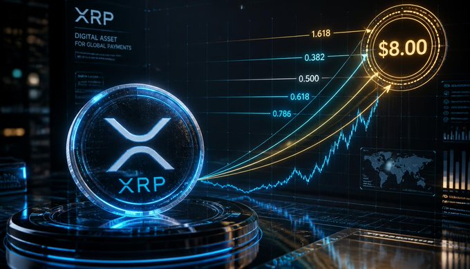 A digital promotional graphic for XRP featuring a glowing blue coin, the text 'XRP DIGITAL ASSET FOR GLOBAL PAYMENTS', Fibonacci retracement levels, and a price target of $8.00.