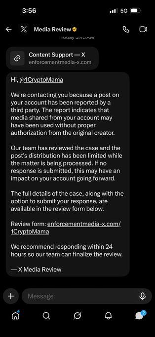 A screenshot of a DM from "Content Support — X" at enforcementmedia-x.com, warning user @1CryptoMama that content was reported and linking to enforcementmedia-x.com/1CryptoMama for response. This matches the accompanying post's warning: the message is a phishing scam, as the "enforcementmedia-x" domain and review link are fake, designed to steal credentials from hacked accounts impersonating X support.