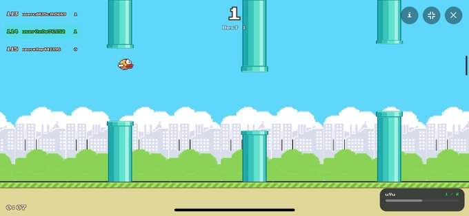 A screenshot of the Flappy Bird mobile game shows a small bird between green pipes against a city skyline backdrop, with a score of "1" at the top and a timer reading "0:17" at the bottom left.