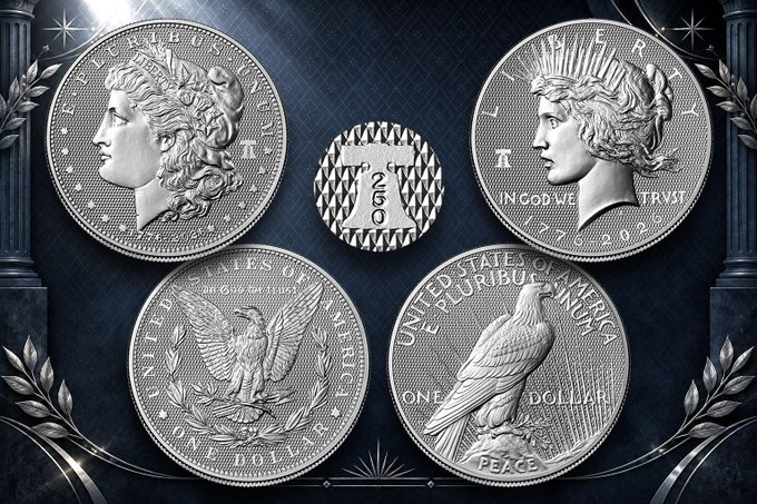 Four ornate silver coins, styled like the Morgan and Peace silver dollars, are arranged around a smaller central coin, set against a dark blue patterned background.