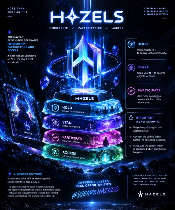 A promotional infographic for "HAZELS" describing it as more than an NFT, with sections for HOLD, STAKE, PARTICIPATE, and ACCESS, and text including "MEMBERSHIP / PARTICIPATION / ACCESS", "DIFFERENT LAYERS REAL OPPORTUNITIES", and "#WEAREHAZELS".