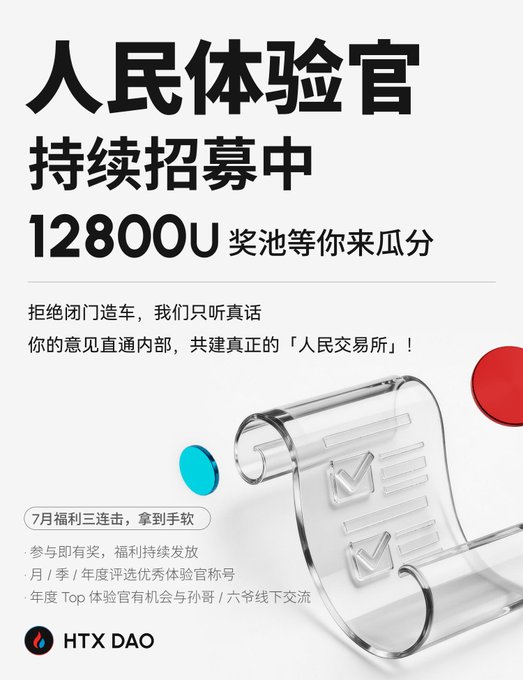 A Chinese promotional poster from HTX DAO titled '人民体验官 持续招募中' (People's Experience Officer recruitment ongoing) with a 12,800U prize pool and slogan '拒绝闭门造车，我们只听真话' (Reject building behind closed doors, we only listen to the truth).
