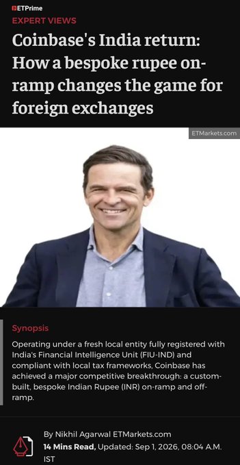 The image shows an ETPrime Expert Views article titled "Coinbase's India return: How a bespoke rupee on-ramp changes the game for foreign exchanges" by Nikhil Agarwal of ETMarkets.com, dated September 1, 2026. The article discusses Coinbase's re-entry into India through a custom-built, FIU-IND compliant Indian Rupee (INR) on-ramp and off-ramp, aligning with CoinDCX's announcement celebrating Coinbase's deepened investment in the Indian crypto market.