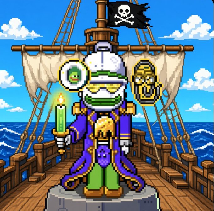 A pixel art illustration depicts a samurai-like figure holding a green candle, wearing a samurai helmet and a purple and green robe, standing on a wooden pirate ship deck with a skull-and-crossbones flag.