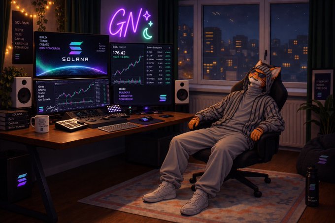 A person wearing a fox mask and grey tracksuit sits in a gaming chair at a desk with multiple monitors displaying Solana crypto charts under a "GN" neon sign.