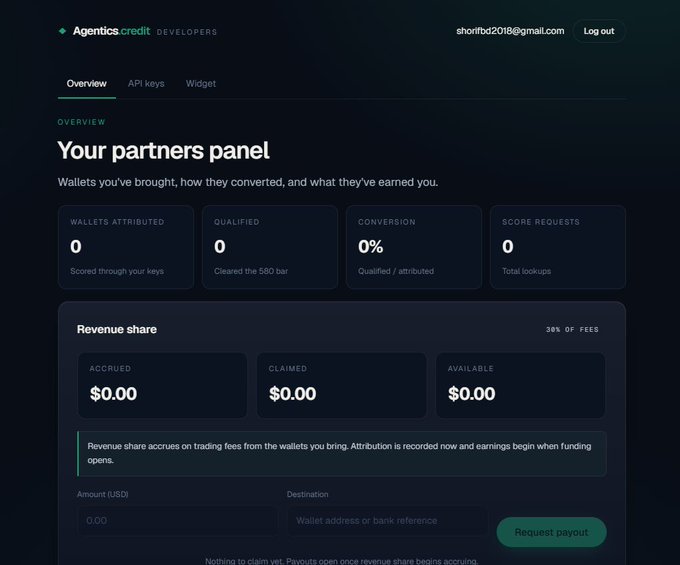 A dark-themed dashboard for 'Agentics credit' showing a 'Your partners panel' with zero wallets attributed and a revenue share all at $0.00.