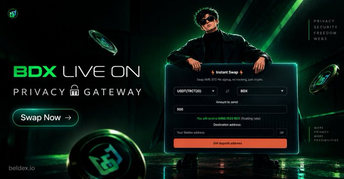 A promotional banner for 'BDX' features the text 'BDX LIVE ON' and 'PRIVACY GATEWAY' alongside a person holding a glowing digital interface for an 'Instant Swap' from USDT(TRC20) to BDX, with the website 'beldex.io' displayed.