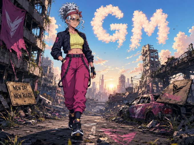 An anime-style illustration of a woman with curly blue-grey hair and sunglasses standing in a post-apocalyptic cityscape, with pink clouds spelling 'OWN' and signs reading 'NEW DAY, NEW RULES.'