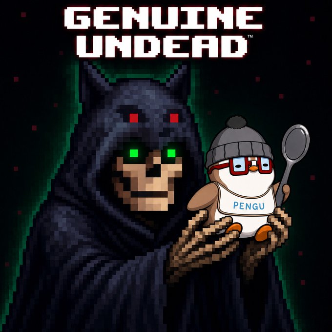The image is a promotional graphic for Genuine Undead, showing a pixel-art grim reaper character holding a cartoon penguin wearing a "PENGU" hoodie and winter hat, beneath the bold "GENUINE UNDEAD" title. It visually ties into the post's giveaway announcement by combining the Genuine Undead reaper mascot with the Lil Pudgys NFT prize featuring the Pengu character.