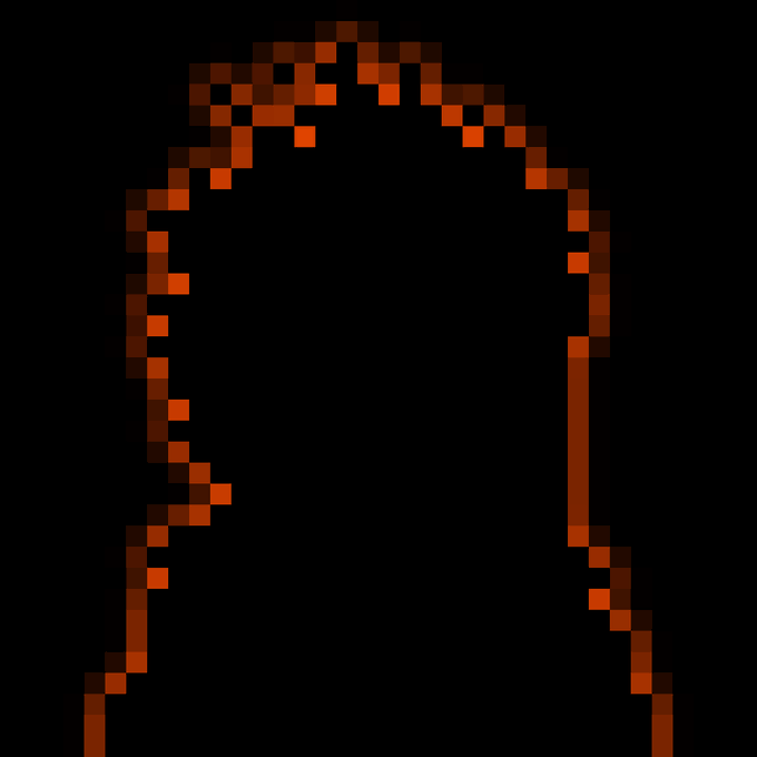 A minimalist pixel art portrait of a person's silhouette in orange and brown tones against a black background.