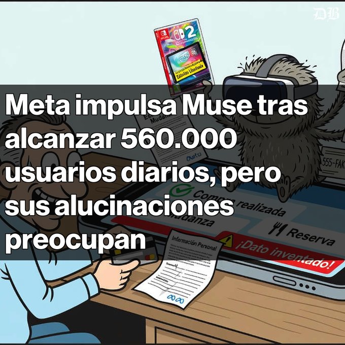 A Spanish-language digital illustration features overlaid text reading 'Meta impulsa Muse tras alcanzar 560.000 usuarios diarios, pero sus alucinaciones preocupan' alongside a character wearing a VR headset.