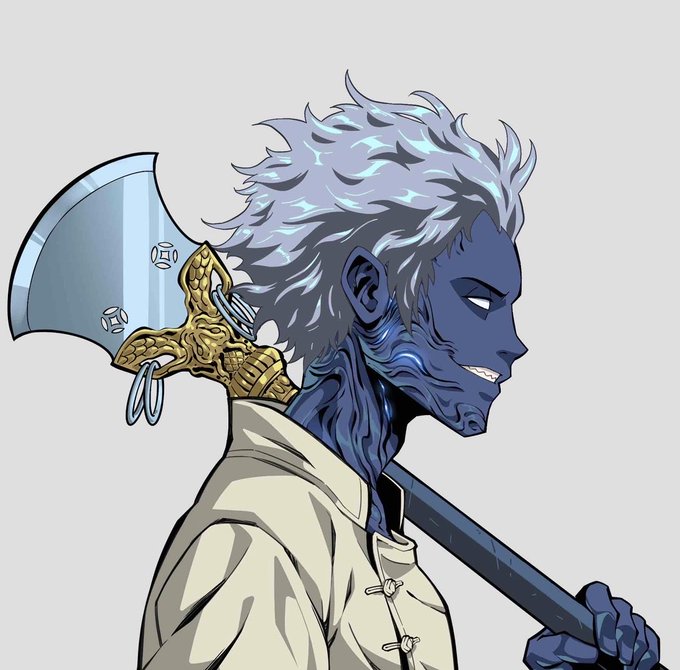 Anime-style illustration of a blue-skinned character with white hair carrying a large axe with dice on its blade.