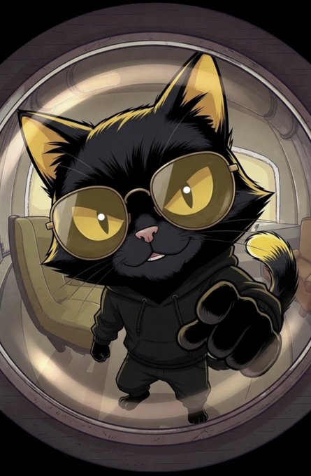 An anime-style illustration of a black cat wearing yellow-tinted sunglasses and a black hoodie, pointing at the viewer while sitting inside what appears to be a metallic structure.