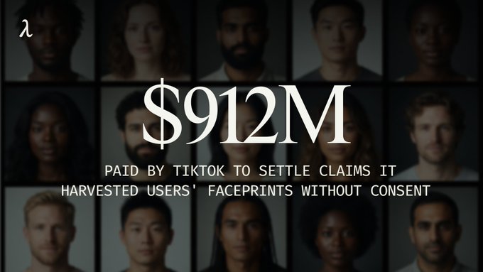 The image displays text reading "$912M PAID BY TIKTOK TO SETTLE CLAIMS IT HARVESTED USERS' FACEPRINTS WITHOUT CONSENT," set against a grid of various human faces, visually emphasizing the scale of biometric data collection. The accompanying post about surveillance normalizing into everyday feeds connects to this by highlighting how platforms quietly harvest intimate personal data—like facial features—until it becomes a normalized part of daily digital life.