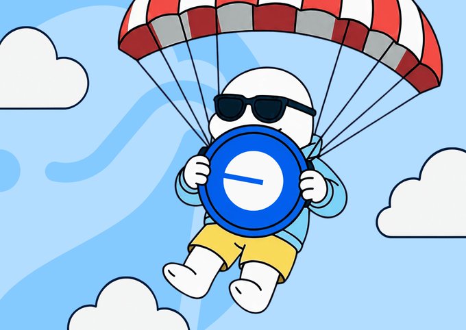 A cartoon illustration of a character wearing sunglasses parachuting through clouds while holding a large blue clock.