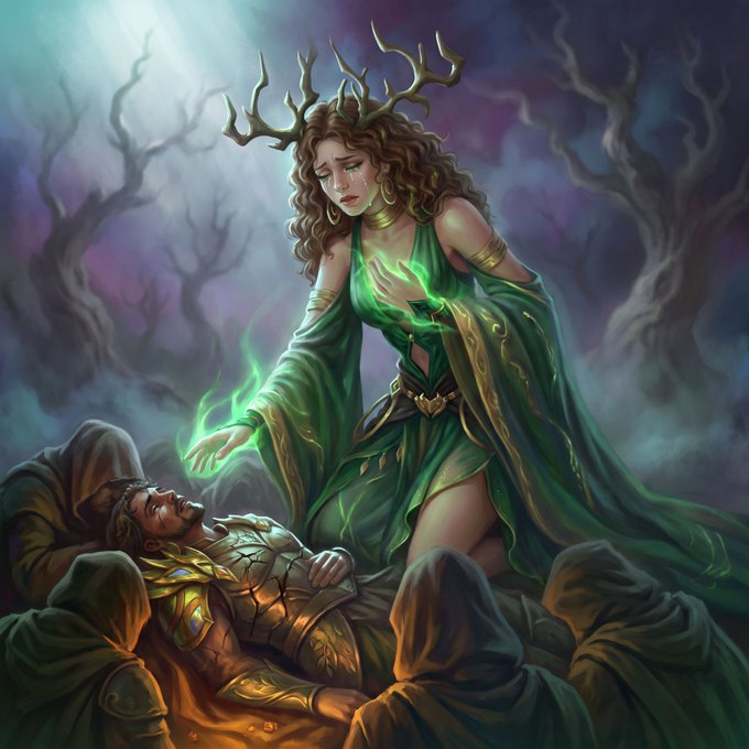 Fantasy illustration of a green-robed nature goddess or druid with antlers healing a fallen knight with green magic, surrounded by hooded figures.