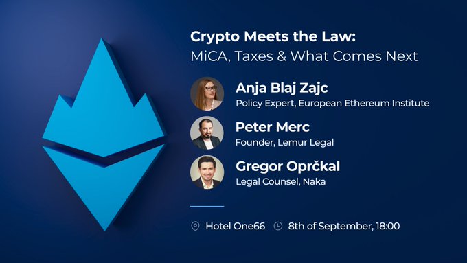 Event promotional graphic for 'Crypto Meets the Law: MiCA, Taxes & What Comes Next' featuring the Ethereum logo, with speakers Anja Blaj Zajc, Peter Merc, and Gregor Oprčkal, scheduled for September 8th at Hotel One66.