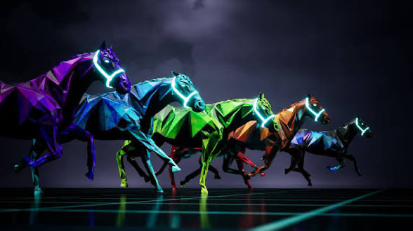A vibrant, low-poly digital artwork depicts a herd of colorful neon horses galloping across a glowing grid, evoking the futuristic aesthetic of the ZED RUN NFT horse racing platform. The dynamic composition of geometric, illuminated horses in motion captures the cyberpunk spirit and digital collectibles theme associated with the once-popular blockchain-based horse racing game.