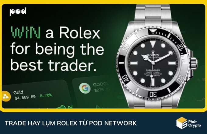 The image features a Rolex watch placed prominently next to an advertisement for the online trading network, Roelox Tu Portfolio, which offers traders the opportunity to win a Rolex watch by being the best trader. The background of the photo is green, which contrasts with the black Rolex logo on top of the watch.