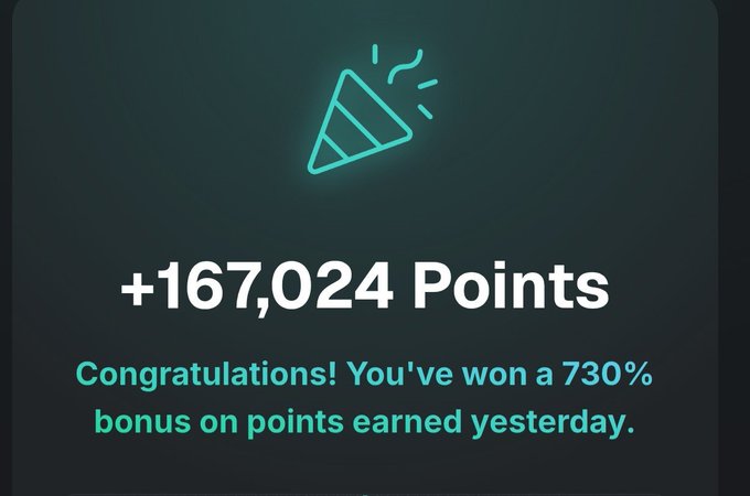 The image shows a digital notification awarding "+167,024 Points" with the message "Congratulations! You've won a 730% bonus on points earned yesterday," featuring a teal party popper icon on a dark background. This celebratory notification contrasts with the accompanying post's cautionary tone about the Xstocks project, where the author warns potential investors they could lose 60% of their $100 investment, highlighting the tension between promotional point bonuses and the underlying financial risks of the project.
