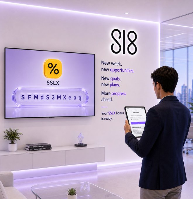 The image shows a man in a suit holding a tablet in a modern, sleek room featuring a large screen displaying the "SSLX" logo with a percentage symbol, alongside promotional text reading "New week, new opportunities. New goals, new plans. More progress ahead. Your SSLX bonus is ready." A glowing "S18" sign is mounted on the wall.

The image complements the post about SL8 by visually representing the SSLX staking campaign mentioned, suggesting a professional, tech-forward user engaging with the platform's offerings—reinforcing the message of new opportunities and progress tied to the limited 120% APY campaign.