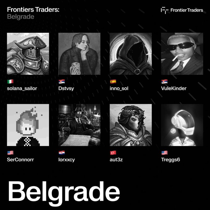 A promotional graphic for 'Frontiers Traders: Belgrade' featuring eight user profile images with avatars, usernames (solana_sailor, Dstvsy, inno_sol, VuleKinder, SerConnorr, lorxxcy, aut3z, Treggs6), and country flags against a dark background.