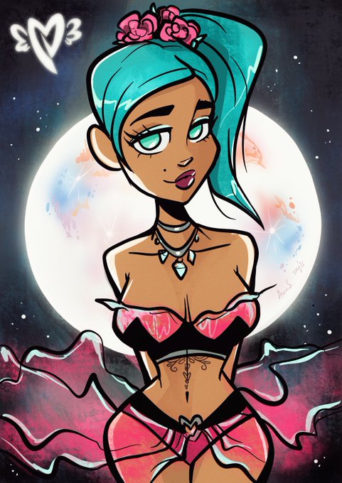 The image features a beautiful cartoon girl with blue eyes, wearing a pink skirt and a necklace. She has a tattoo on her stomach that says "I'm not afraid of anything". The background of the image shows a full moon, which adds an ethereal atmosphere to the scene. The post also mentions that the art is for sale, so it seems like there might be a limited edition or special edition piece being offered by the artist.