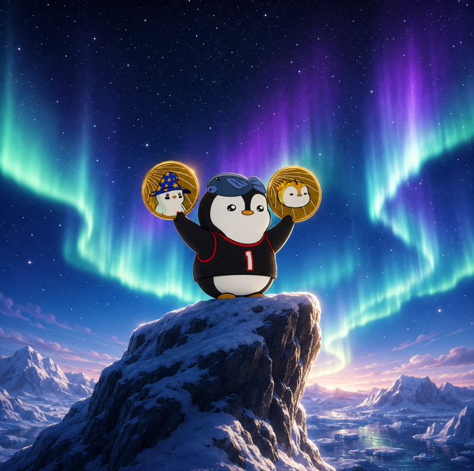 The image features a cartoon penguin standing on top of a snowy mountain with two gold coins in its hands. The background shows a beautiful sky filled with stars and a vibrant display of colors, creating an enchanting atmosphere. The text "SOMEONE PINCH ME Just woke up and I still can'T believe it... TWO @LilPudgys SBTs are now sitting in my wallet !!! Lil Pudgy Big Impact (1.88K owners) Thank you for the recognition". This post seems to be a lighthearted and humorous take on the cartoon penguin's situation, with the penguin holding two gold coins as if it were a successful treasure hunt or an unexpected gift from someone who found the coins.