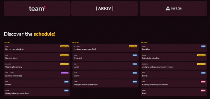 A hackathon event timeline titled 'Discover the schedule!' showing daily activities for 'team³', '[ARKIV]', and 'swarm' including hacking, meals, and ceremonies.