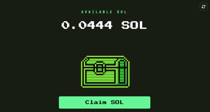 A pixel-art style screen displays "AVAILABLE SOL" at the top, showing a balance of "0.0444 SOL" with a green wallet graphic and a "Claim SOL" button below. The image illustrates the post's announcement about additional SOL becoming claimable through Solana's rent reduction Step 2 on the sol-incinerator.com platform.