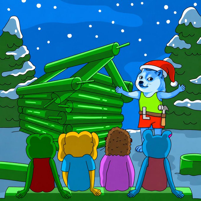 Cartoon illustration of a blue animal character wearing a Santa hat standing by a green log cabin while three other characters with their backs turned watch.