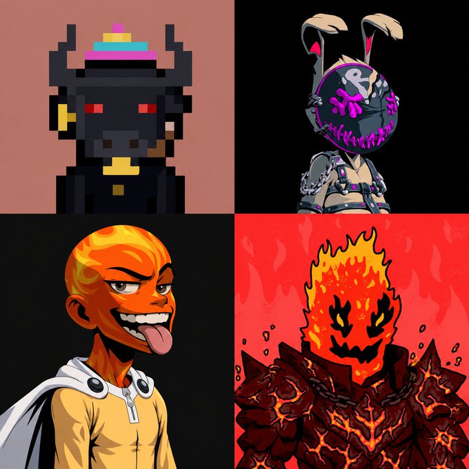A 2x2 grid of NFT characters features a pixel-art black figure with a colorful stack hat, a dark armored bunny-like character, an orange One Punch Man-style character, and a flaming red creature.