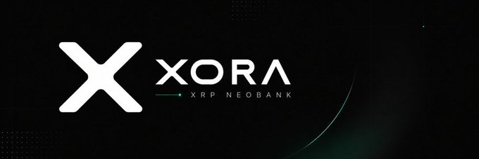 A logo for XORA, described as an 'XRP NEOBANK,' featuring a stylized X mark on a dark background.