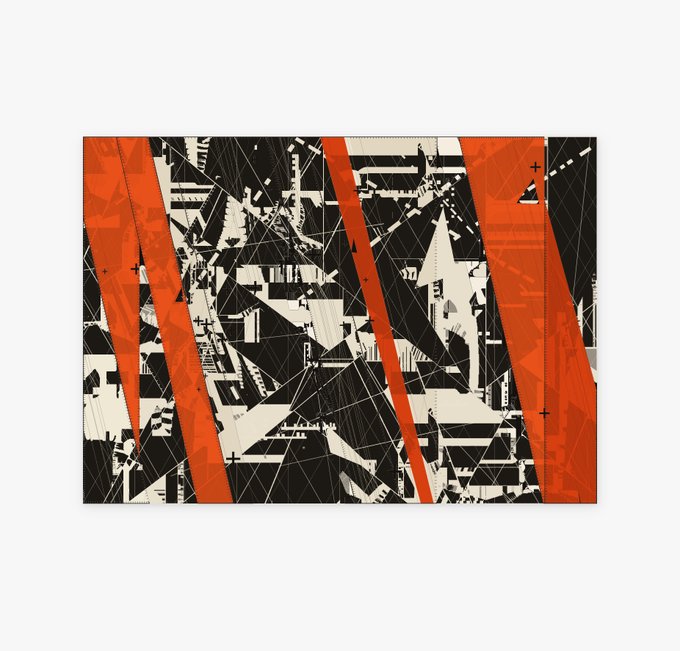 Abstract artwork with bold orange geometric shapes overlapping a black-and-white industrial or architectural background, displayed as a framed print.